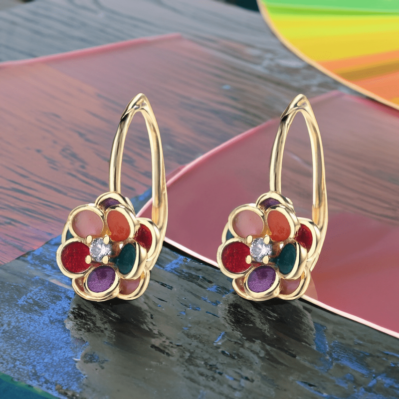 14K Gold Plated and Floral Leverback Earrings with Crystals4