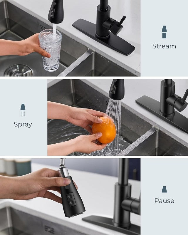 Black Kitchen Faucet Pull Down Sprayer with Soap Dispenser 3 Mode Bar Sink2