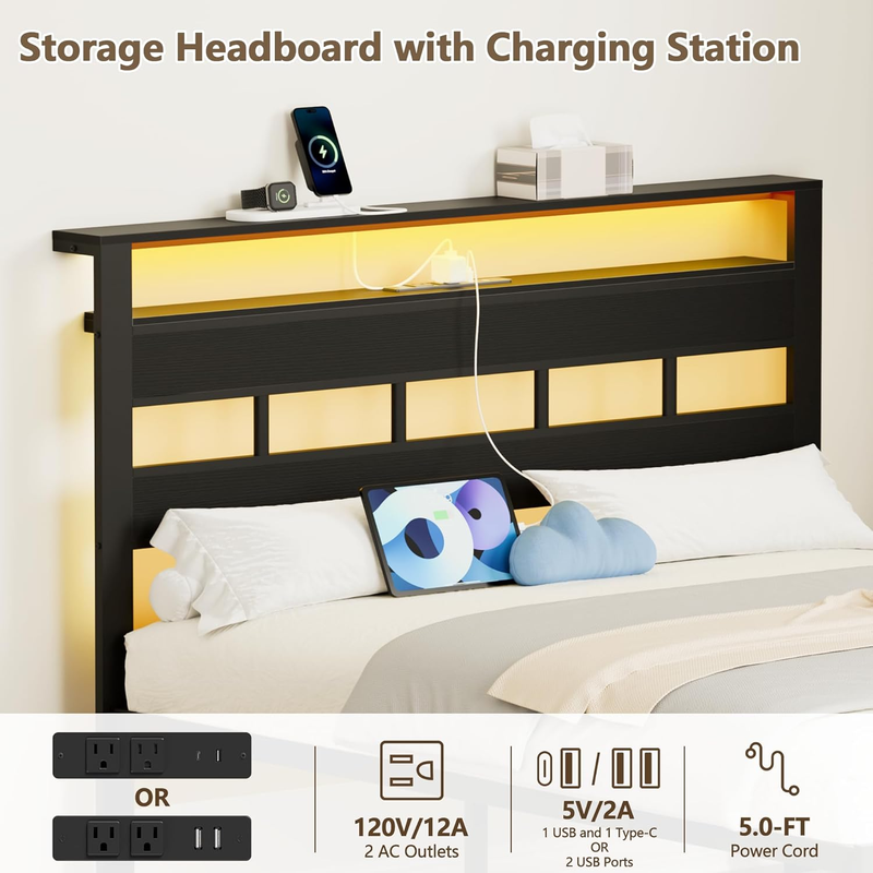 Size Bed Frame LED Charging Station Storage Headboard Metal Platform Black Oak6