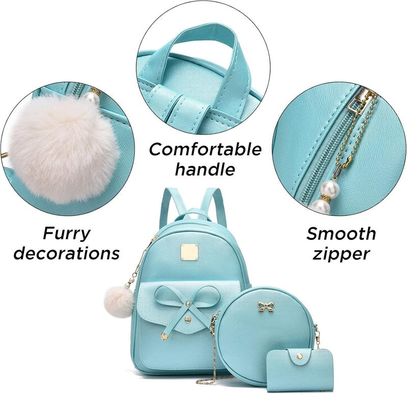 Girls Bowknot 3-Pieces Fahsion Leather Backpack Backpack Purse for Women Rucksac4