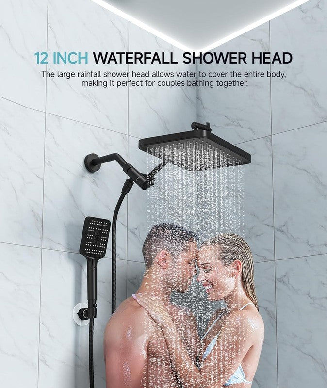 12" Rain Shower Head w Handheld Dual Adjustable Waterfall Matte Black2