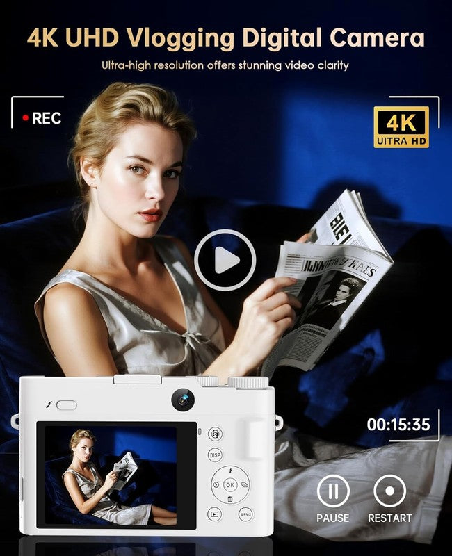 4K Digital Camera 64MP Vlogging Dual-Lens 16X Zoom Anti-Shake 3" Selfie White2