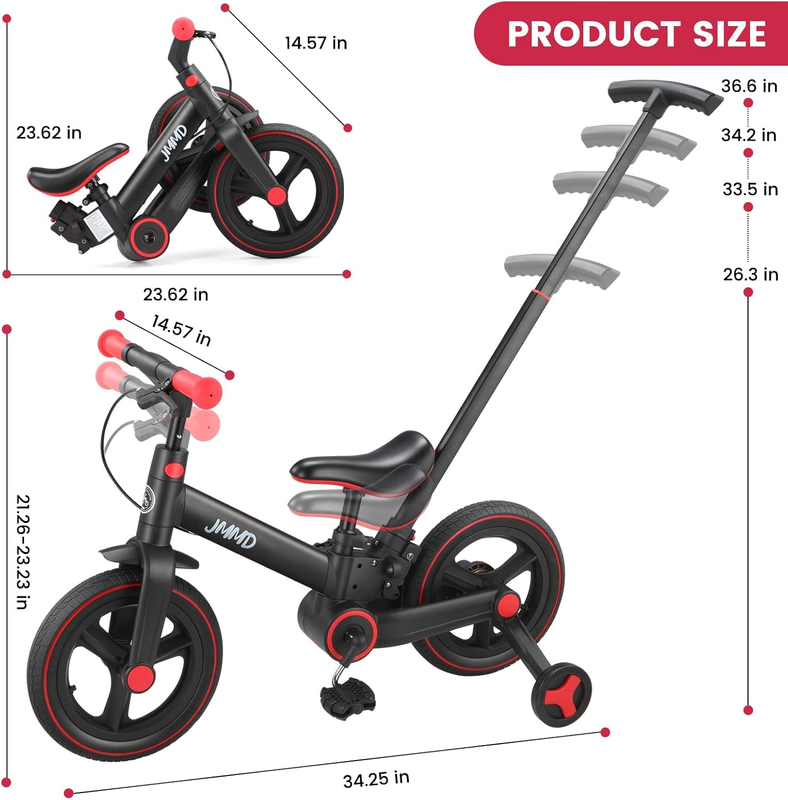6-in-1 Toddler Bike 12" Balance Bike Push Handle Training Wheels Kids7