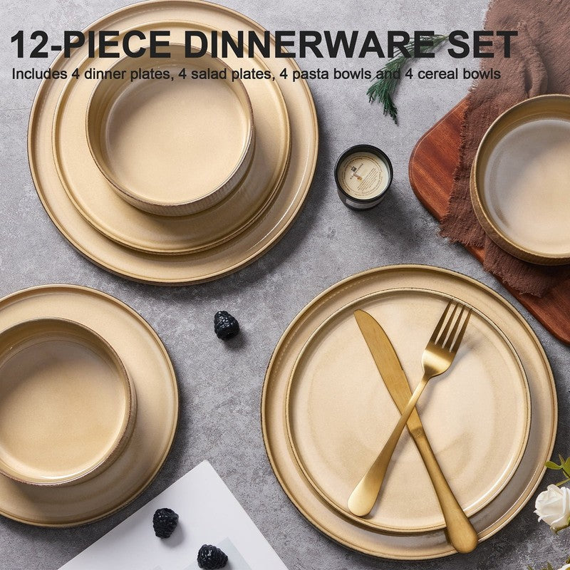 Dinnerware Set for 4, 12 Piece Stoneware Ribbed Dishes with Reactive Glaze, Cera2