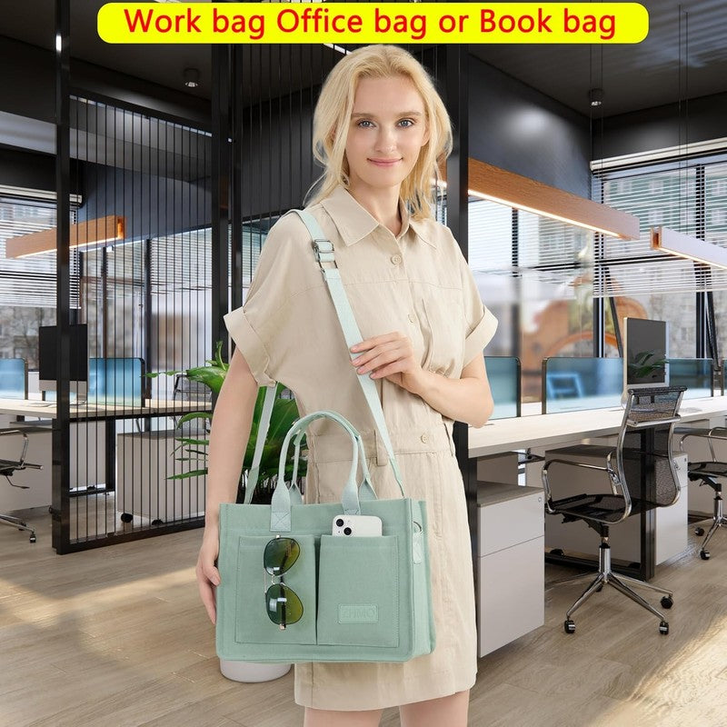 Women’s Canvas Tote Bag Large Shoulder Handbag w/ Compartments Work Laptop Bag5