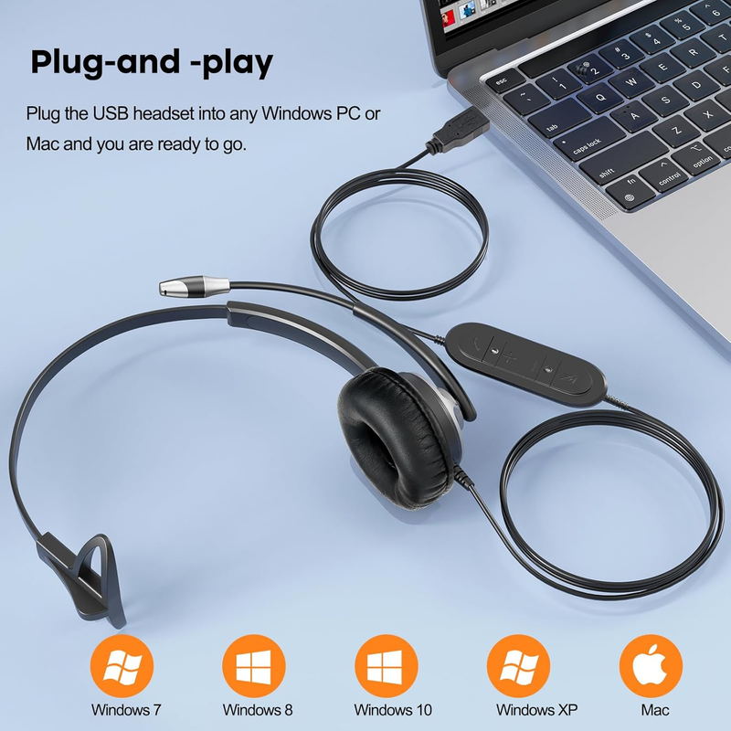 USB Headset w/ Noise Canceling Mic Wired for PC Laptop Call Center Office3