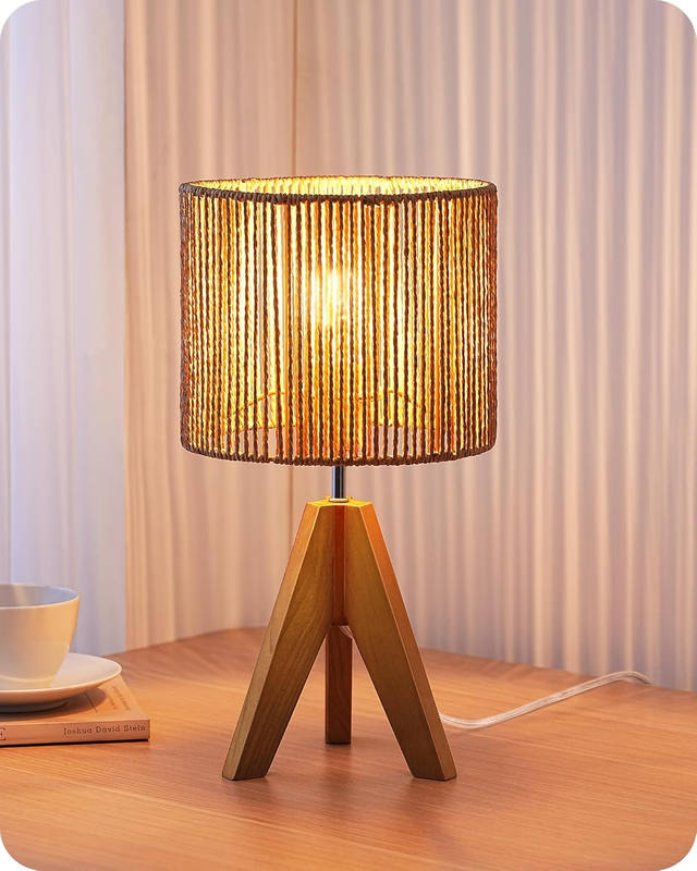 Small Rattan Table Lamp Wood Tripod Bedside Boho Nightstand Lamp E269