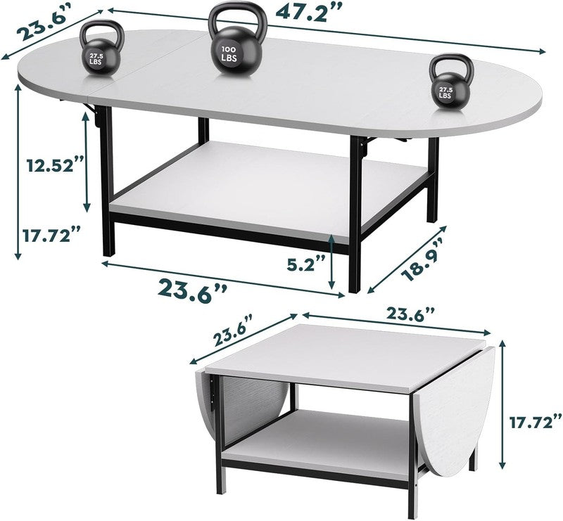 White 2 Tier Foldable Coffee Table with Storage, Modern Living Room Table1
