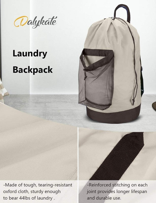 Backpack Laundry Bag with Straps & Mesh Pocket, Durable Nylon Clothes Khaki4