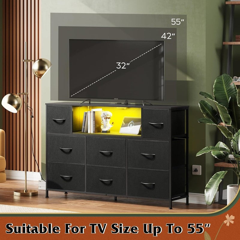 Black TV Stand Dresser LED Lights Charging Station 8 Fabric Drawers Shelf5