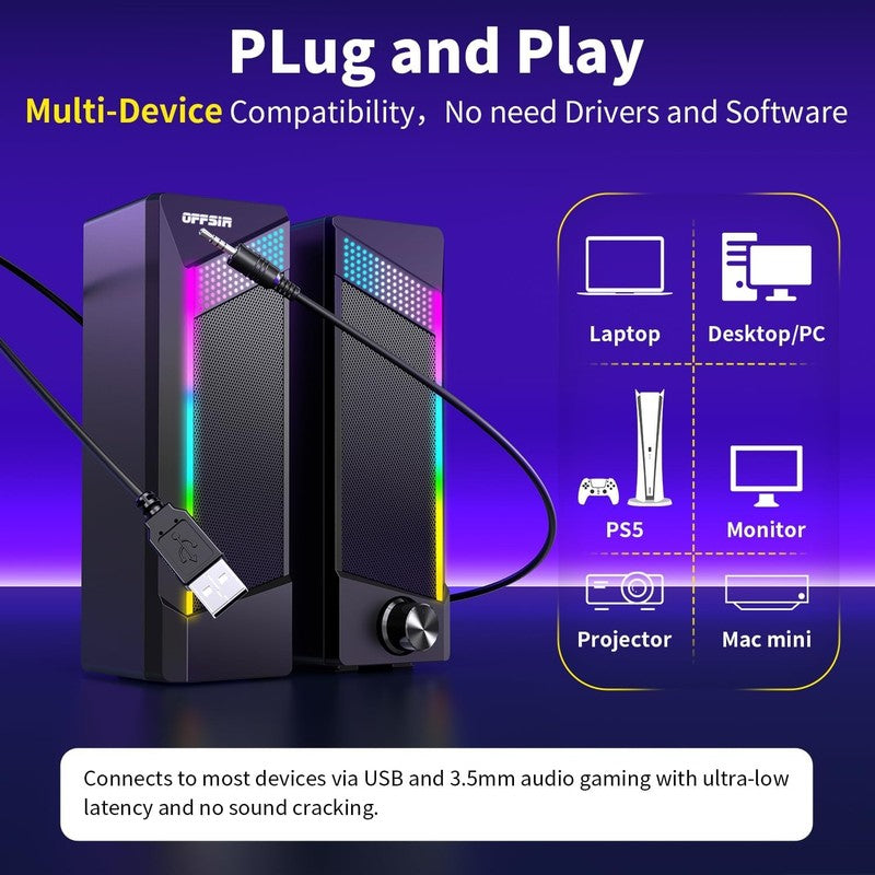 2in1 RGB Computer Speakers USB Powered 3.5mm Aux PC Gaming Desktop Black4