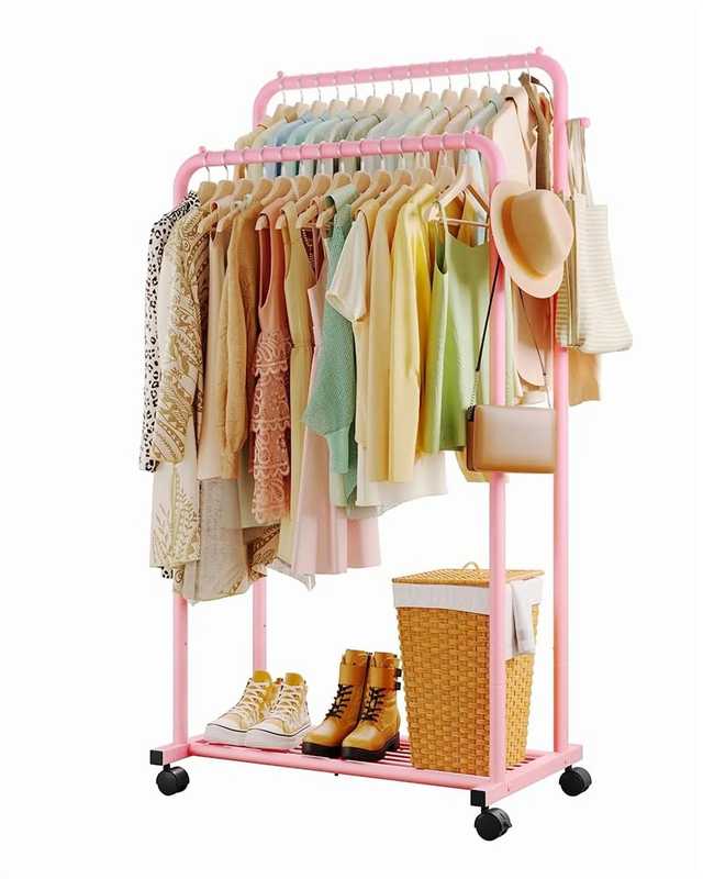 Double-Rod Clothes Rack with Hooks & Mesh Shelf Portable Hanger Pink4
