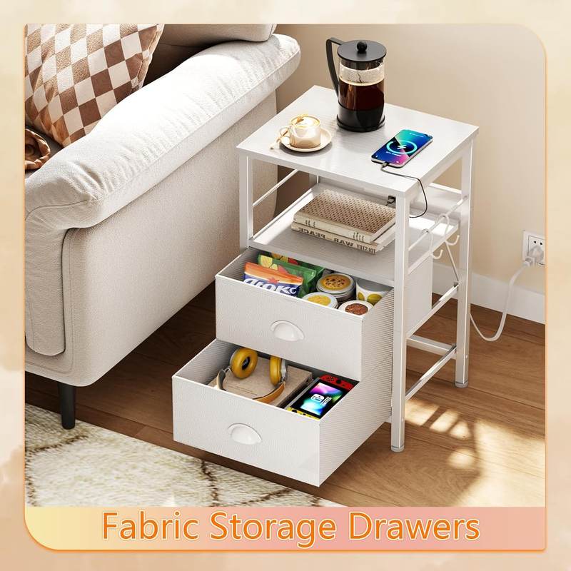 End Table with Charging Station, Nightstand with Fabric Drawers, Side Tables wit5