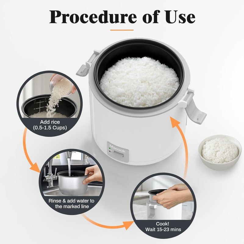 Mini Rice Cooker 1 1.5 Cups, Nonstick Pot, One Touch & Keep Warm, White Cooker4