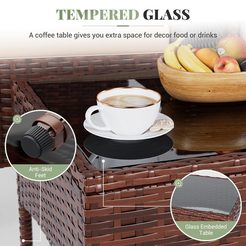 3 Pc Outdoor Patio Furniture Set Wicker Rattan Bistro Coffee Table Beige4