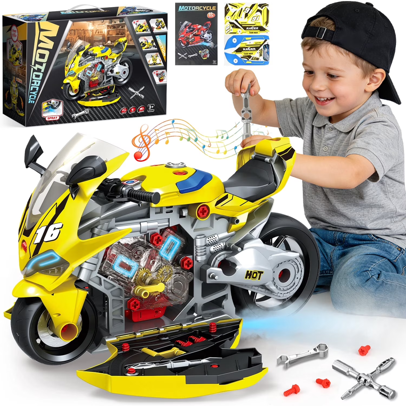 Take Apart Motorcycle Toy – STEM Building Kit with Lights, Sound & Spray 8