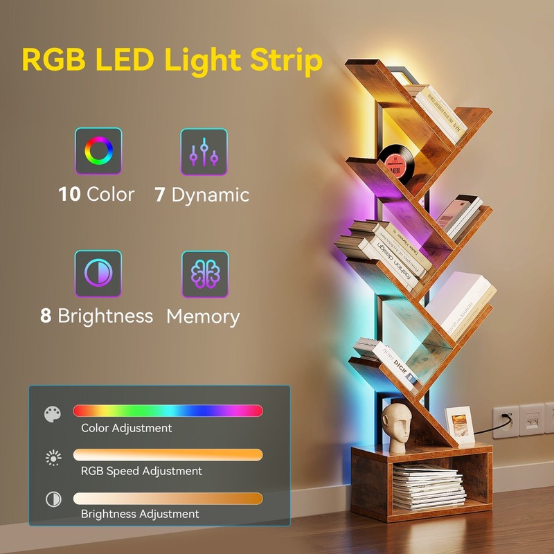 6 Tier Tree Bookshelf, Bookcase with LED Lights, Display Floor Standing Storage7