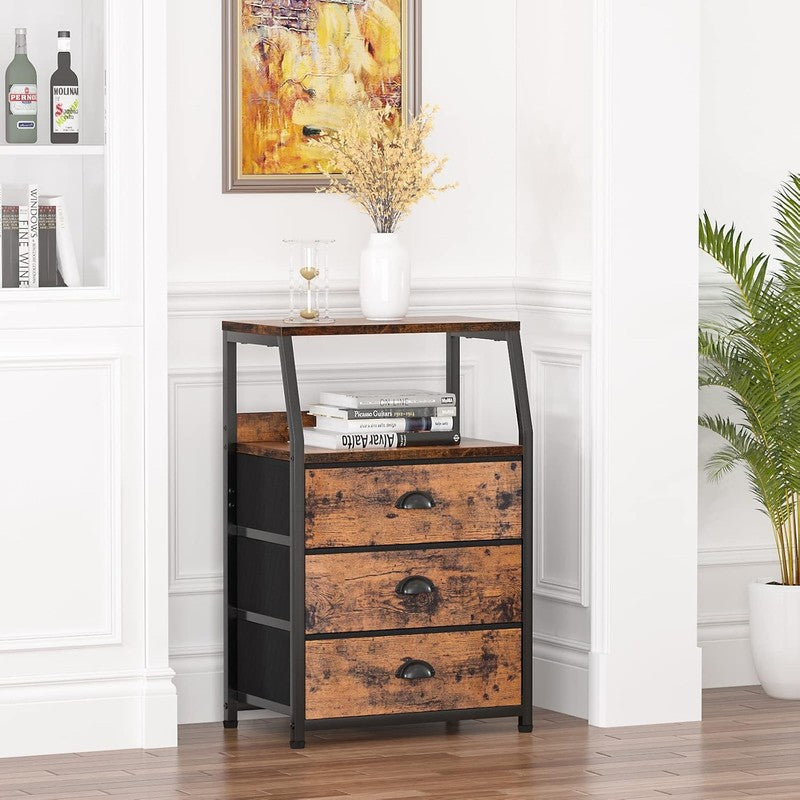 Nightstand with 3 Drawers and 2 Tier Shelf, Fabric Small Dresser Organizer Verti7