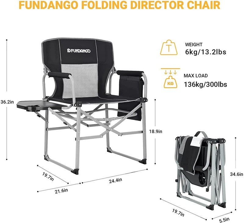 Black Heavy Duty Directors Chair with Side Table for Camping, Portable Folding C6