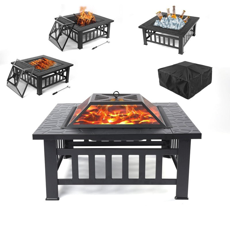 32" Outdoor Fire Pit Table Wood Burning w/ Lid, Poker, BBQ Net, Ice Tray, Black2