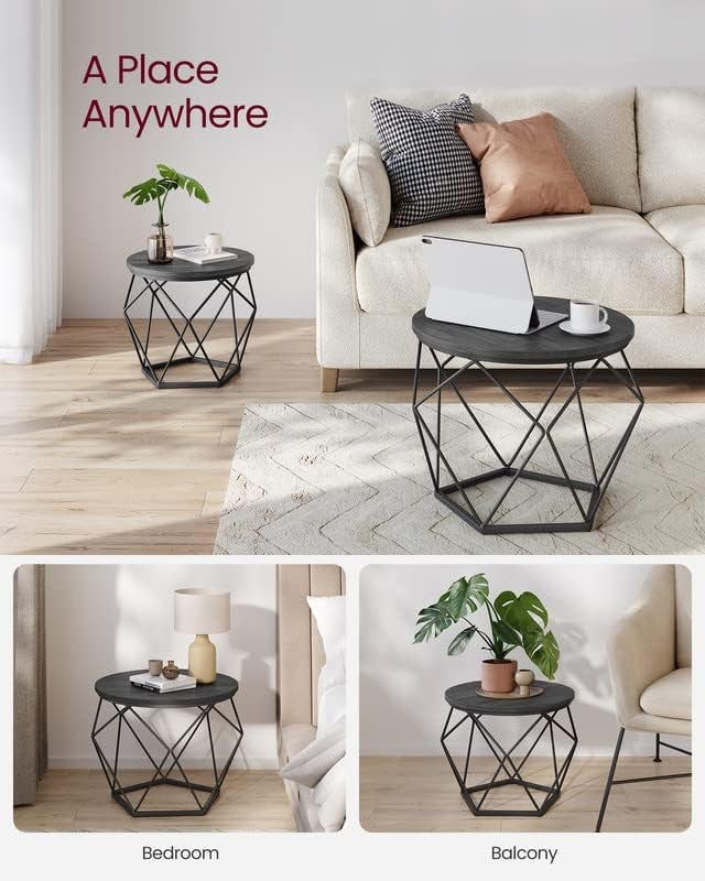 Small Round Coffee Table Set of 2 Steel Frame Side End Tables Gray Black3
