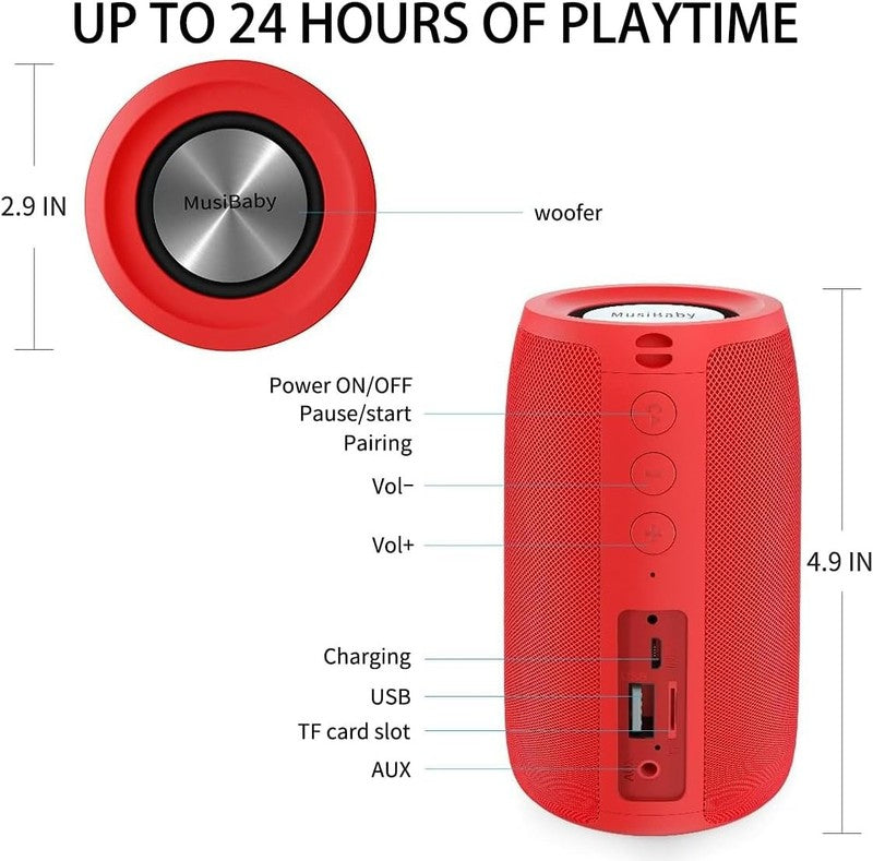 Musibaby 24H Bluetooth Speaker, Waterproof, Dual Pairing, Deep Bass, Red2