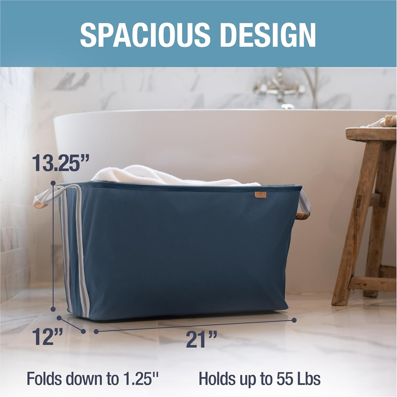 Collapsible Laundry Basket Hamper - LUXE Navy Noir Cream 2Pack 60L - Space Savin2
