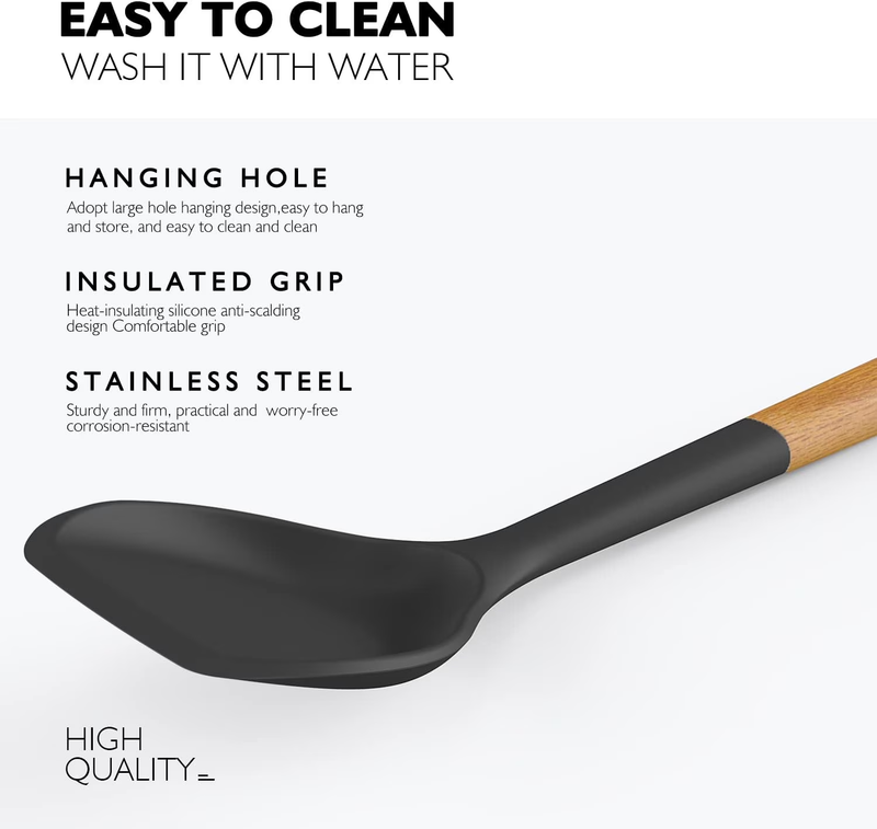 Large Silicone Kitchen Utensil Set Wooden Handle Heat Resistant Black2