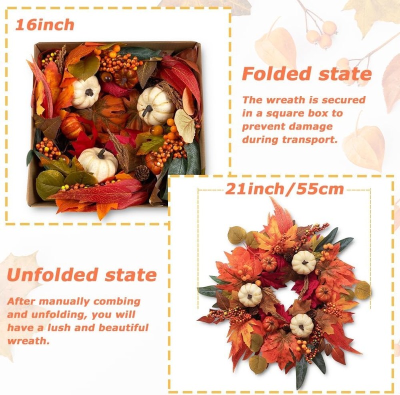 21" Fall Wreath Thanksgiving Pumpkin Maple Leaves Autumn Door Decor2