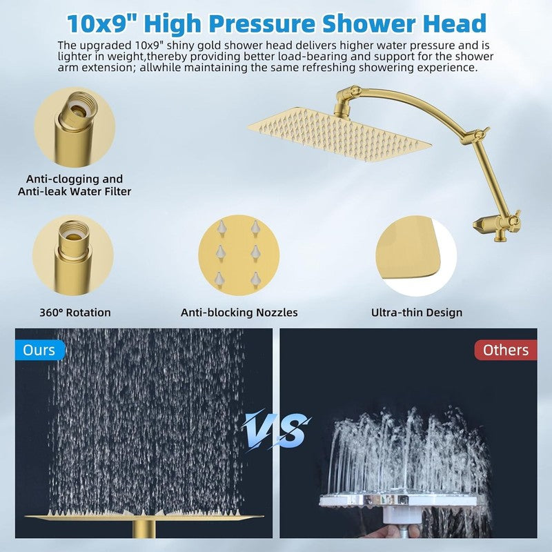 10" Rain Shower Head Combo Handheld 10 Spray 16" Arm Brushed Gold4