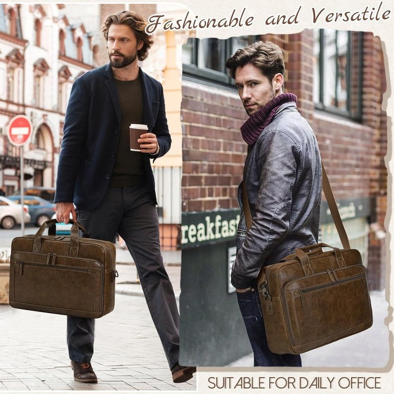 Mens Laptop Bag 16in Leather Briefcase Vintage Messenger Shoulder Work Brown1