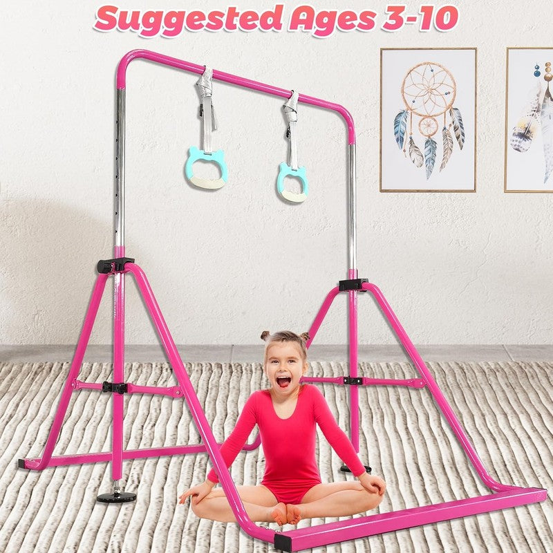 Folding Kids Gymnastics Bar w/ Rings Sturdy Kip Bar Horizontal Home Gym3