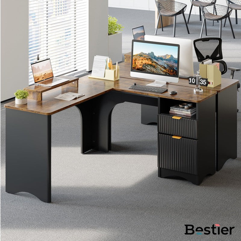 55" L-Shaped Desk with Drawers, Monitor Stand & Fluted Panels Black/Rustic8