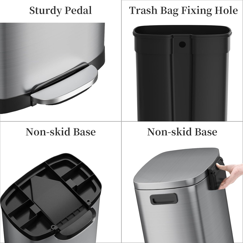 13 Gallon Kitchen Trash Can Stainless Steel Soft Close Pedal Bin 50L4