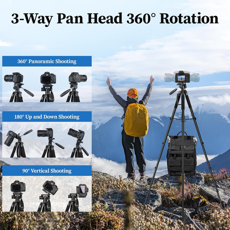 74" Camera Tripod Heavy Duty DSLR Phone Stand 15lb Load Travel Compatible4