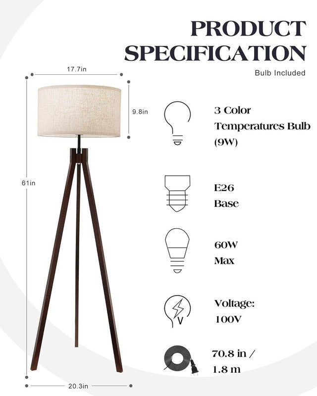 Wood Tripod Floor Lamp 3 Color LED Mid Century Reading Linen Shade Walnut3