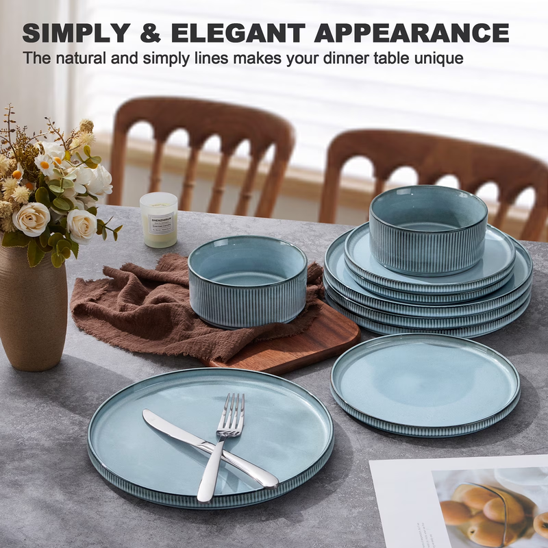 12Pc Stoneware Dinnerware Set for 4 Ribbed Plates Bowls Smoky Blue3