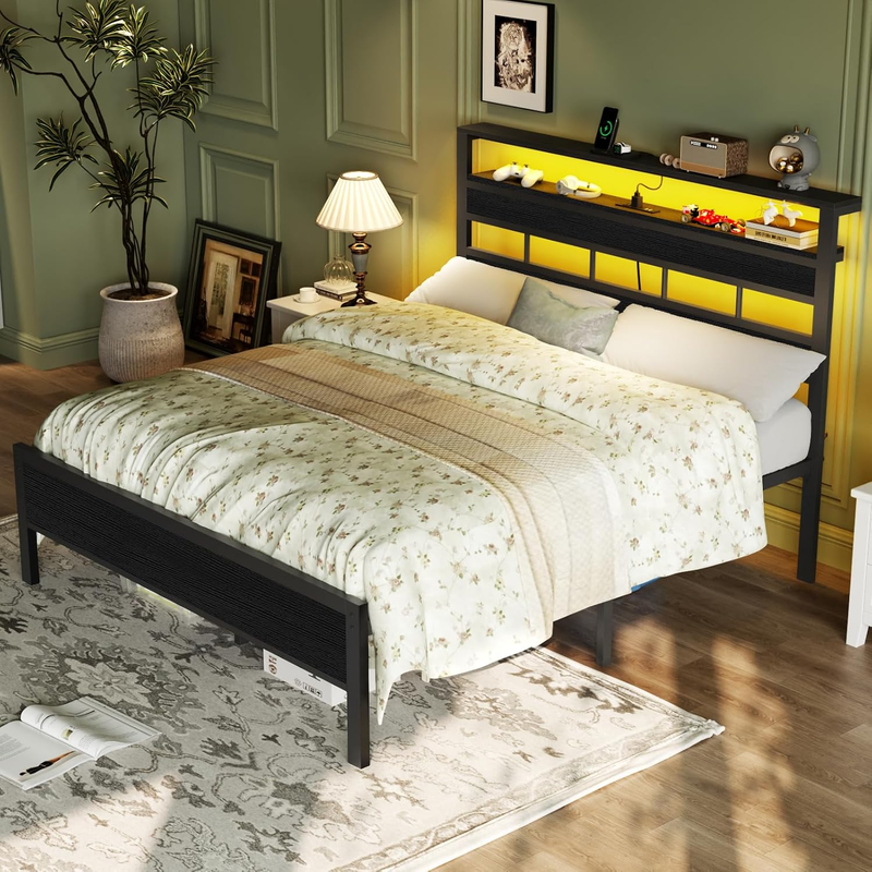Size Bed Frame LED Charging Station Storage Headboard Metal Platform Black Oak3