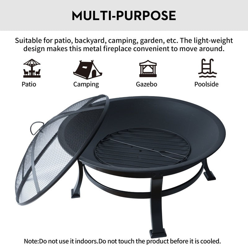 30 Inch Steel Wood Fire Pit with Spark Screen, Cover and Poker8