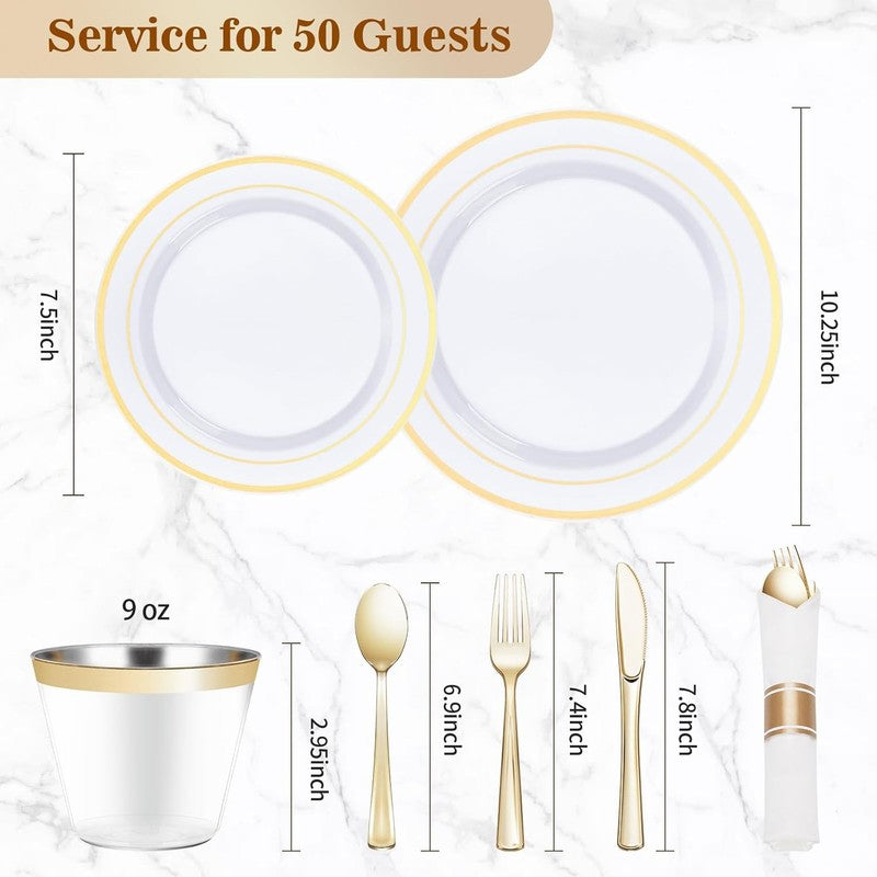 350PCS Gold Plastic Dinnerware Set, Disposable Party Plates for 50 Guests, Inclu3