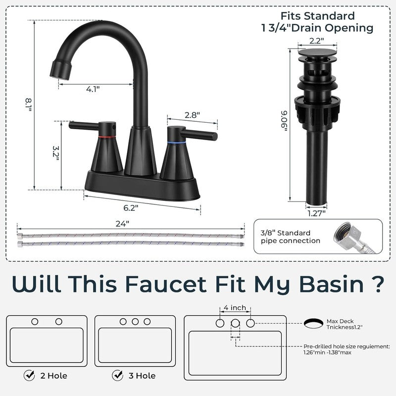 4 Inches Bathroom Faucet, Matte Black | 3 Hole, 2-Handle, Bathroom Sink Faucets,6