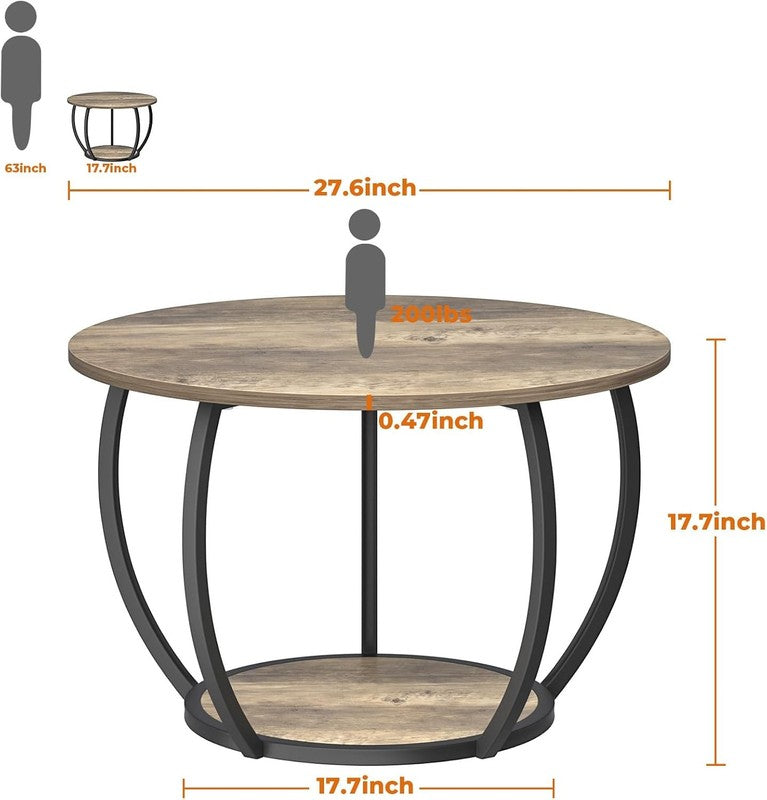 Round 2 Tier Coffee Table with Storage 27.6" Adjustable Feet, Grey Wash1