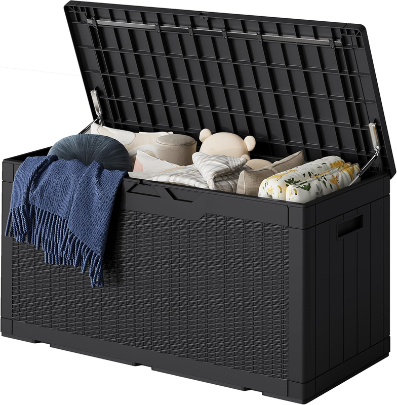 100 Gallon Lockable Resin Deck Box   Large Outdoor Storage for Tools & Cushions0
