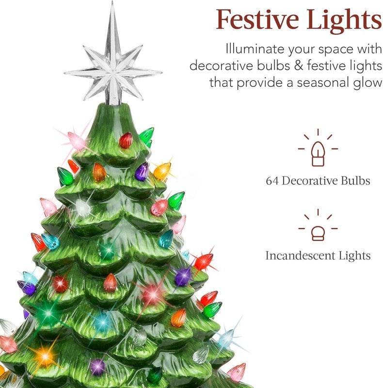 15In Ceramic Christmas Tree, Pre-Lit Hand-Painted Tabletop Holiday Tree, Star To2