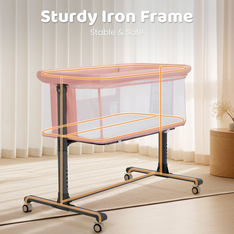 Baby Bassinet with Wheels Pink Height Adjustable Bedside Sleeper for Newborns8