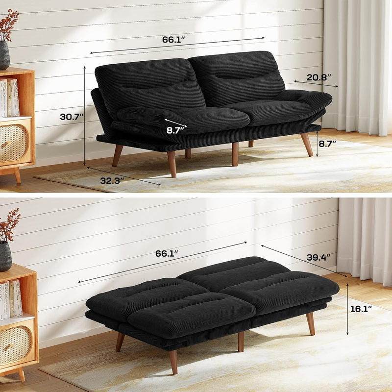 66in Futon Sofa Bed Convertible Corduroy Sleeper Loveseat Adjustable Black Apart1
