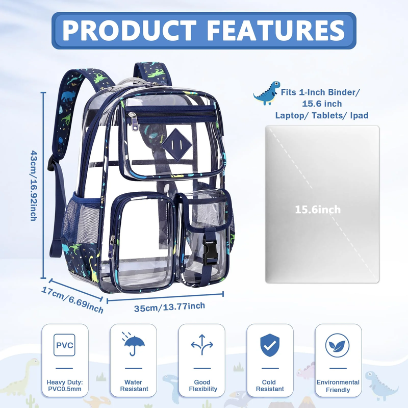 Large Clear Book Bag Waterproof See Through Backpack Navy Dinosaur2