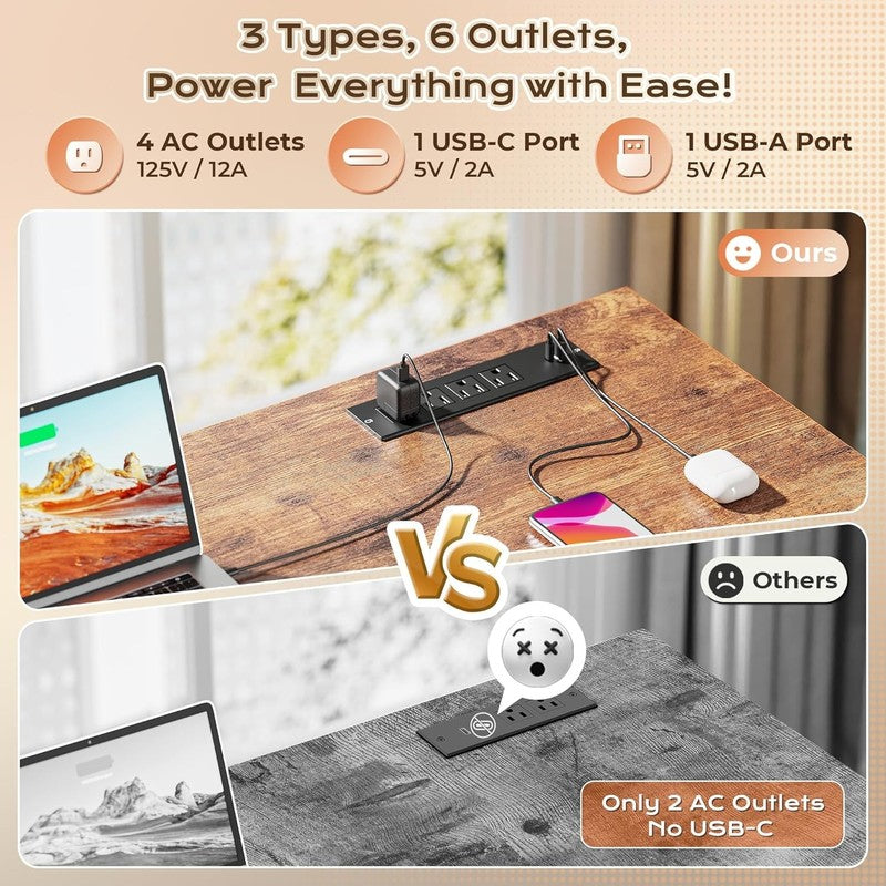 63'' L Shaped Desk w/ USB C Power Outlets Corner Office Desk Rustic Brown3