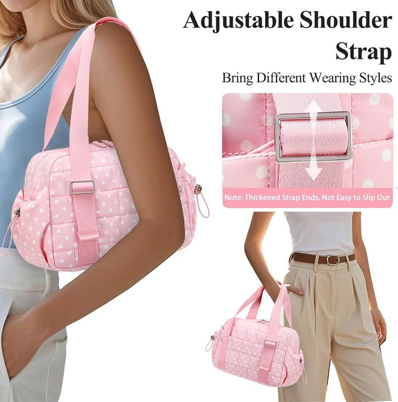 Mini Gym Bag Women Quilted Duffel Wet Compartment Yoga Dance Polka Pink 12.6"4