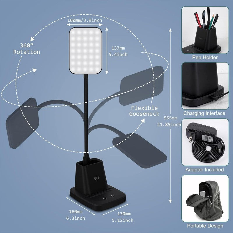 LED Desk Lamp with Wireless Charger & Pen Holder, Dimmable 3 Color Modes5